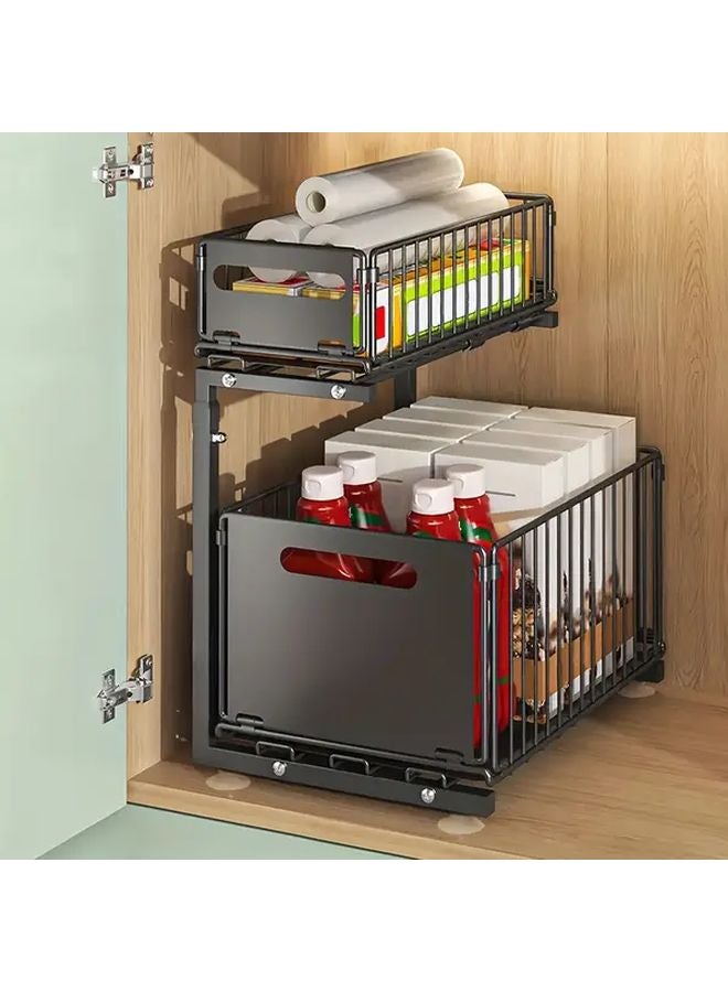 Large Black 2 Tier Kitchen Sink Organizer Adjustable Spice Rack Pull Out Storage Basket - Image 5